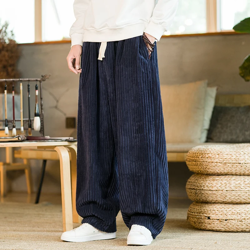 오버 사이즈 바지 전통 캐주얼 가을 와이드 레그 바지 하라주쿠 코듀로이 streetwear 스트레이트 바지 남성 신축성있는 허리 루즈