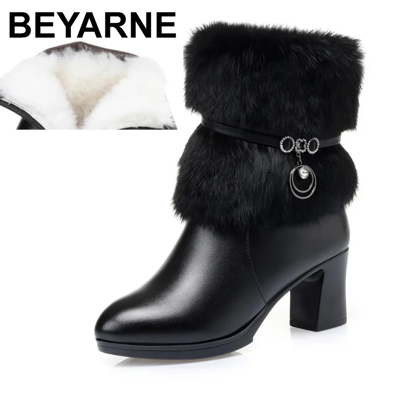 

Women Winter Boots 2024 New Round Toe Fashion Women's Fashion Boots Natural Wool Lining Rabbit Fur Women Ankle Boots