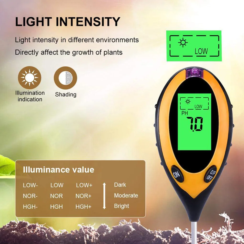 4 in 1 Soil Tester Sunlight Moisture Temperature Digital Meter Gauge Gardening Humidity Testing Soil Moisture PH Meter