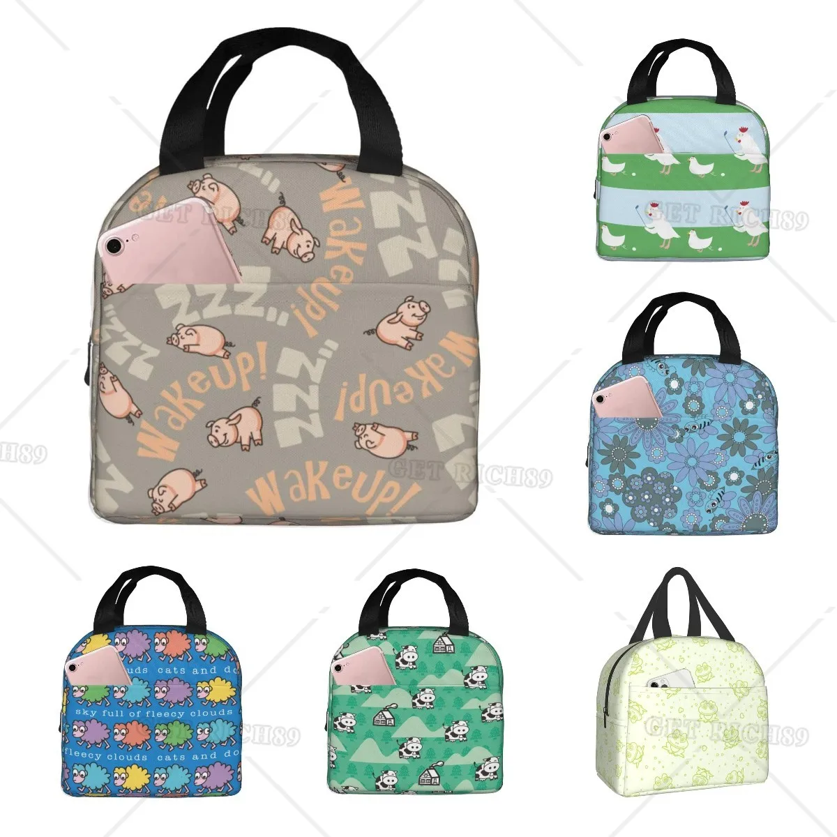 

Cute Pink Pig Lunch Bags for Boys Girls Cute Animal Lunch Box Reusable Tote Bag with Pocket Handbag for Work Picnic Travel