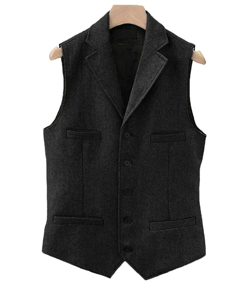 

2024 Mens Vest Classic Brown Suit Wool Tweed Notch Lapel Waistcoat Herringbone Groomsmen Winter Coat For Wedding