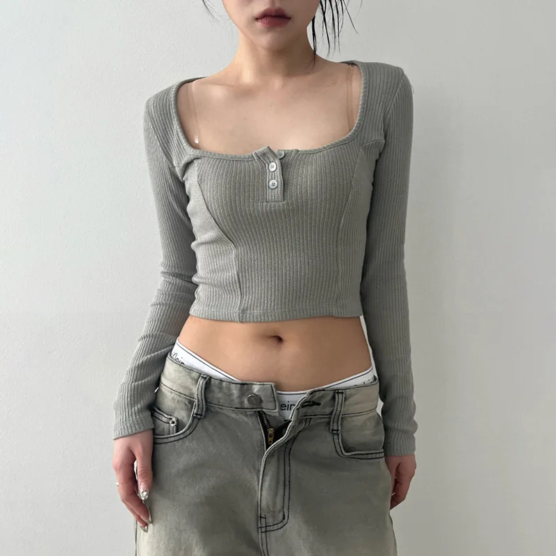 

y2k Autumn Women Knitted T-shirt Button Up Long Sleeve Stripe Grey Tee Fairycore Grunge Korean Kawaii Basic Crop Top Streetwear
