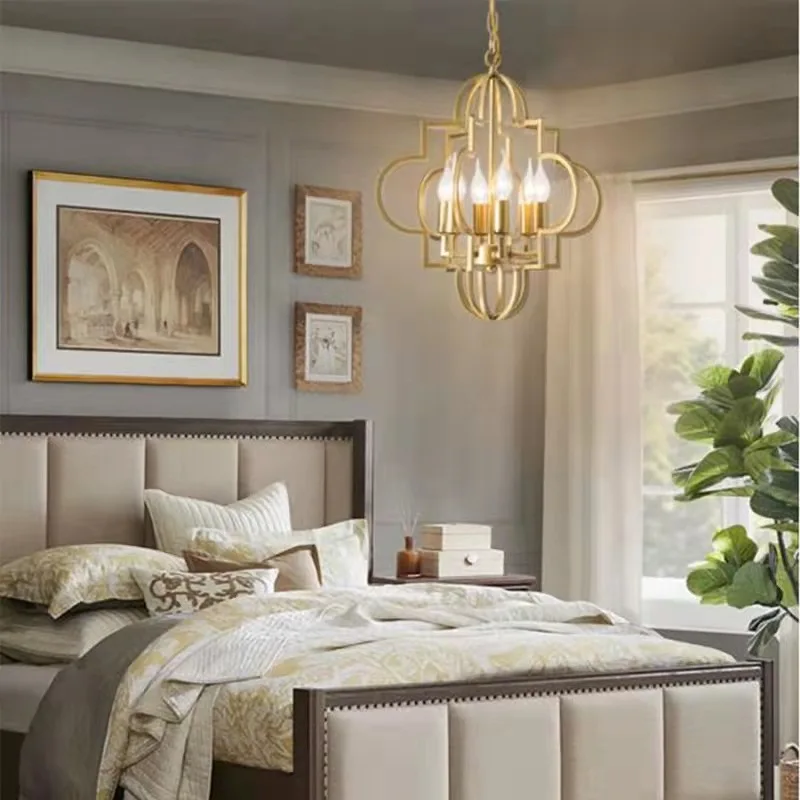 Vintage American Wrought Iron Gold Chandelier Design Living Room Pendant Lamp Nordic Dining Room Bedroom Cafe Kitchen Light