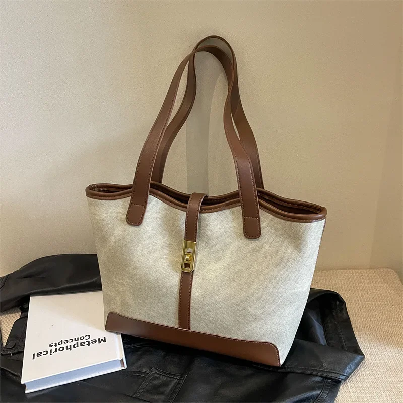 Large Capacity Versatile Casual Tote Women's New 2024 Simple Texture Big Contrast Color Commuter Work Shoulder Bag