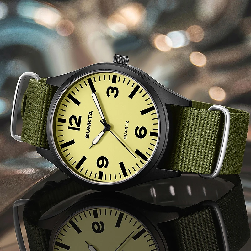 SUNKTA New Original Luxury Men Watch Creative Green Nylon Strap Waterproof Watches For Men Military Luminous Quartz Wristwatch