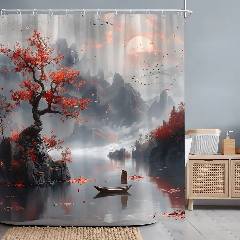 Japanese Red Cherry Blossom Seascape Shower Curtain Chinese Landscape Ink Painting Printed Fabric Shower Curtains Bathroom Decor 4