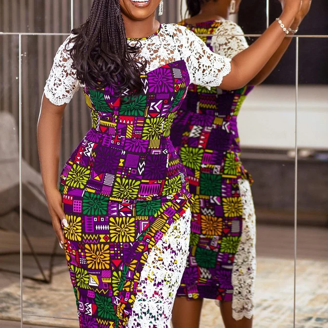 Chiamaka Lace Short Sleeve Knee Print Dress - Image 3