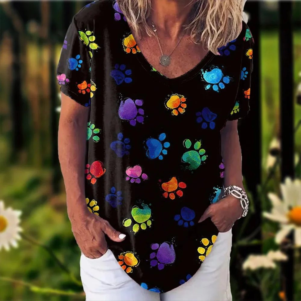 

Футболка женская с принтом «кошачьи ноги», Модный повседневный Свободный Топ с коротким рукавом и V-образным вырезом, уличная одежда, большие размеры, на лето