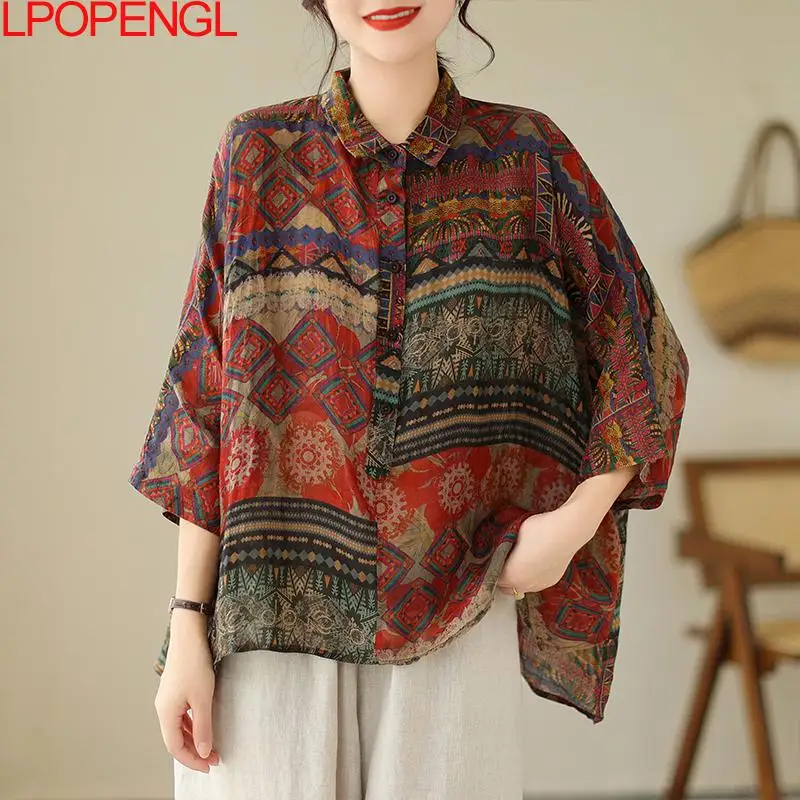 

Polo Collar Ramie Ethnic Style Printed Foreign Style Shirt 2023 Women's Summer Loose All-match Temperament Bat Sleeve Top