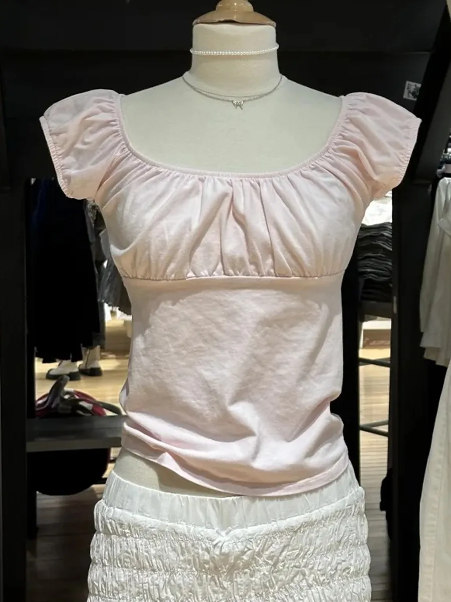 Pink Ruffle Slim Short Sleeve Tee Women Summer Square Collar Cotton Mesh Folds T-shirts Female Aesthetic Sweet Cute Y2K Tops New 4