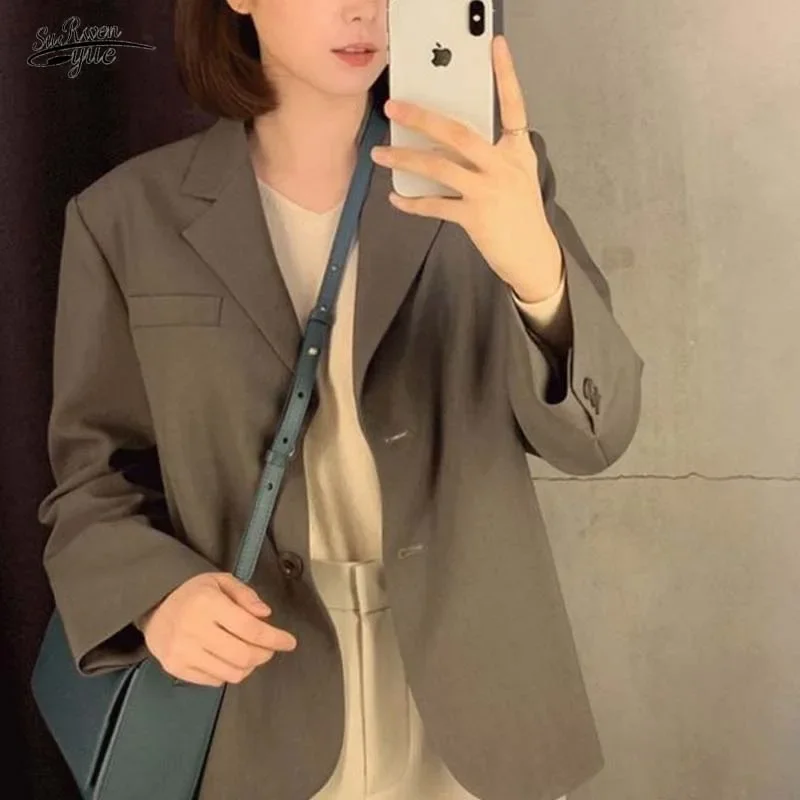 

New Korean chic loose British chic fashion style gray solid color short commuter all-match small suit jacket women 15743