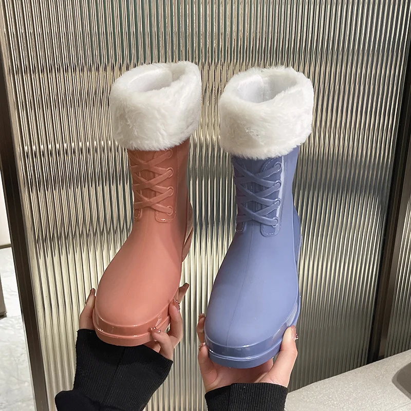 Fashion Mid-Calf Rain Boots Women Autumn Winter Warm Water Boots Female Non-slip Waterproof PVC Shoes Wellies
