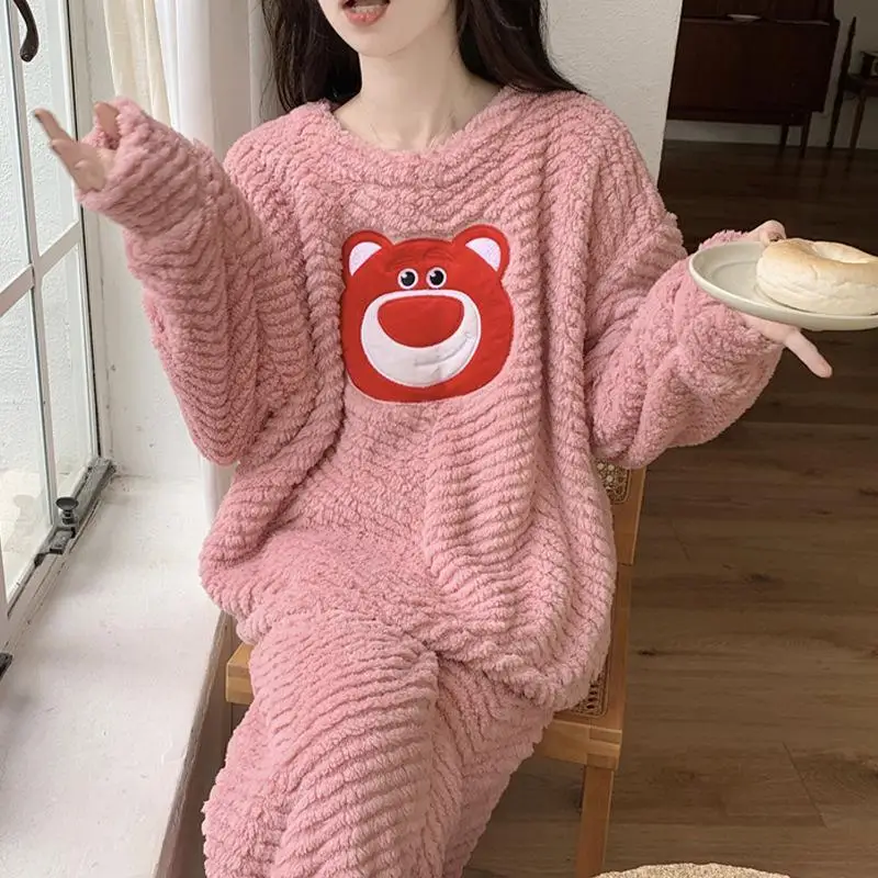

Kawaii Miniso Lotso Pajamas Set Kawaii Embroidery Round Neck Cartoon Coral Velvet Winter Student Keep Warm Long Sleeves Pajamas