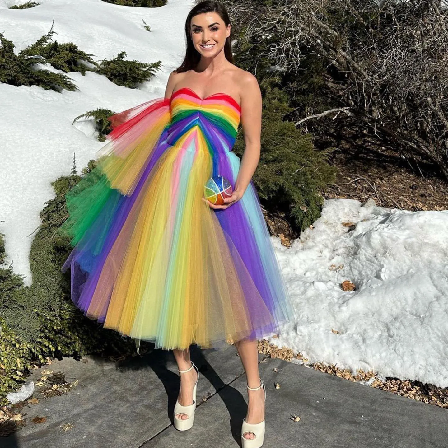 

Rainbow A-line Mid Calf Tulle Women Maxi Dresses To Party Colorful Sweetheart Puff Tutu Tulle Gowns Fahion Women Dress