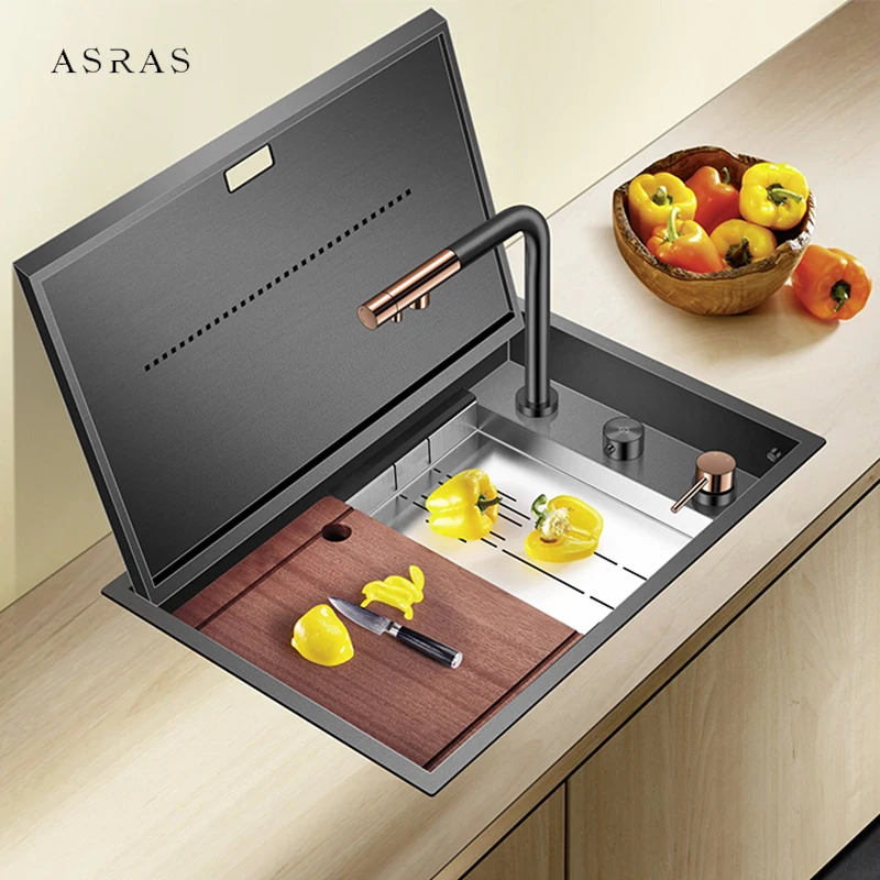 Nanometer Black Flip Cover Hidden kitchen Sink SUS 304 Stainless Steel 4mm Thickness Handmade kitchen Sinks Lifting Faucet