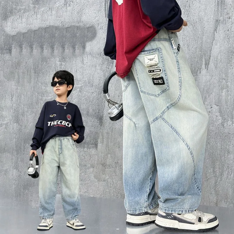 여름 어린이 어린이 경량 그라데이션 블루 진 소년 캐주얼 모기 방지 데님 바지 어린이 봄 얇은 바지