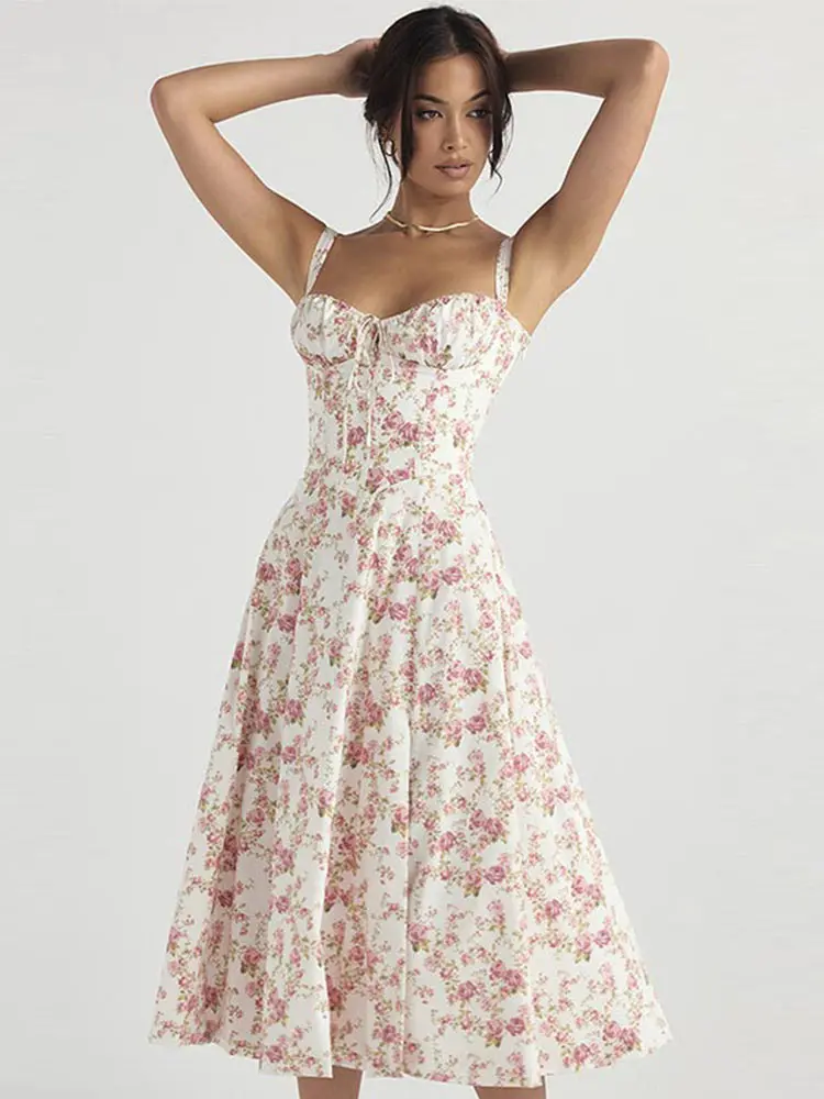 

Elegant Print Suspenders Dress Women Fashion Slim Lace Up Sleeveless Dresses 2023 New Summer Chic Female Club Party Vestidos