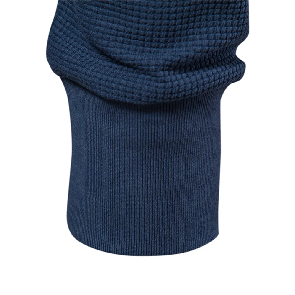 Men's Waffle Knit Long Sleeve Cotton T-Shirt - Solid Color with Single Pocket