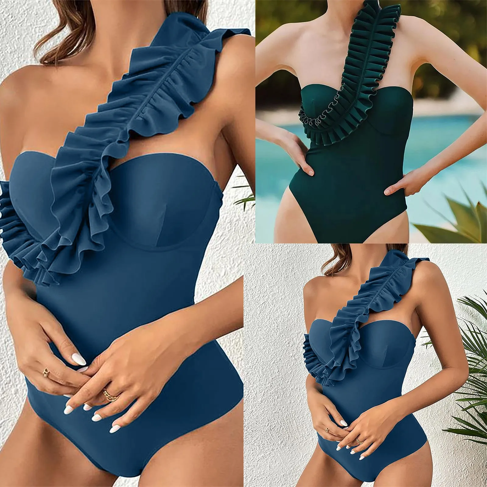 

Women's Fashion One-Piece Solid Color One-Shoulder Bikini Swimsuit (With Chest Pad Without Steel Bra) Stroj kapielowy Damski