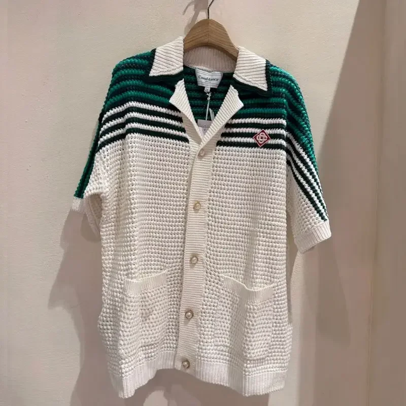 

New Casablanca Sweater High Quality Green Stripe Hollow Out Knitted Short Sleeve Tops Fashion Streetwear Men Women Casa Shirts