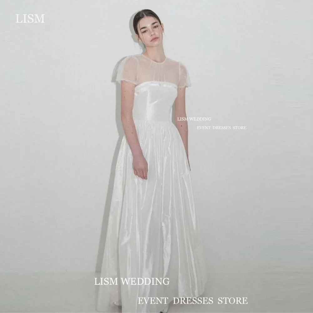 

LISM Vintage Taffeta Wedding Dresses O-Neck Short Puff Sleeves A-Line Bridal Gowns Simple Formal Dress Vestido de noiva Women