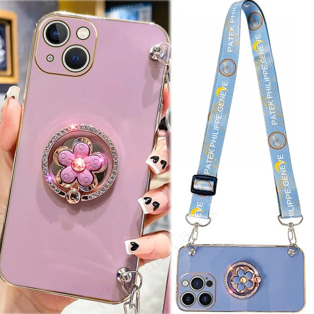 3D Crystal Flower Holder Strap Plating Phone Case For Samsung S23 S10 A52 A72 S20 S21 S22 Plus Ultra + FE A 71 51 73 Note 10 20_voghion.com