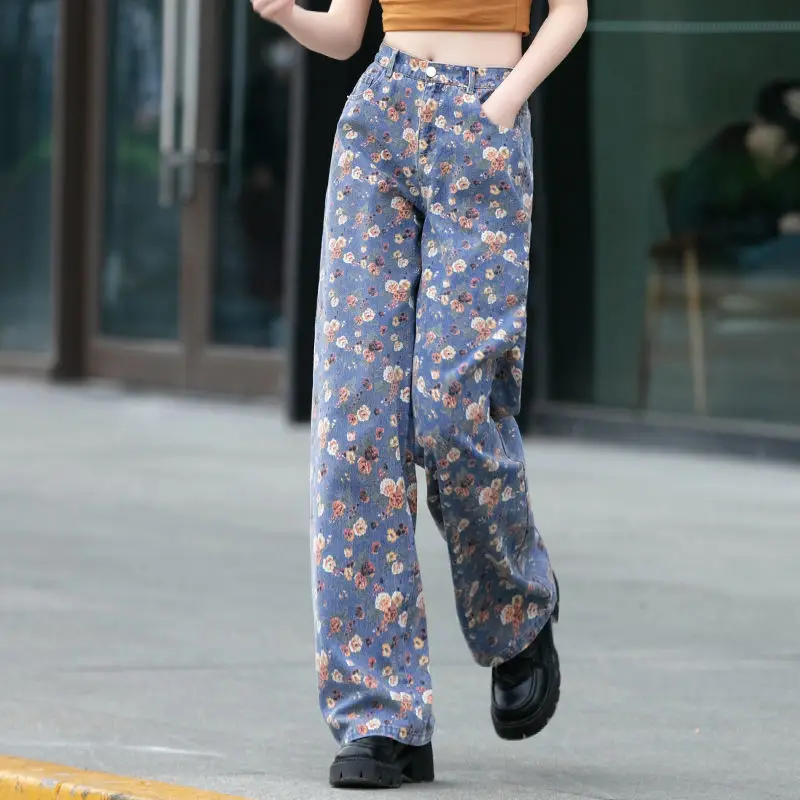 

Printed Jeans Women's Wide Leg Pants 2023 Spring and Autumn High Waist Woman Trousers Korean Streetwear Harajuku Fashion Urban
