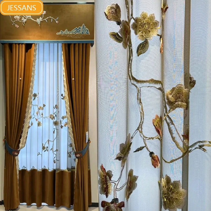 

Chinese Caramel Embroidery Window Screen Velvet Thickened Lace Stitching Blackout Curtains for Living Room Bedroom French Window