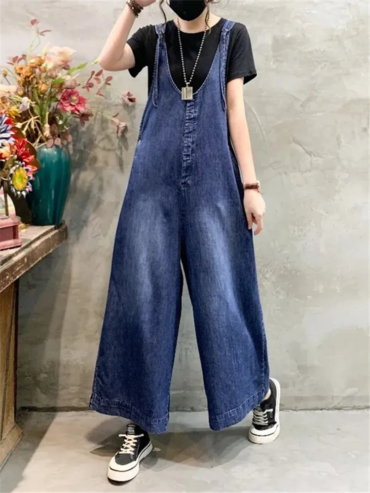 

Vintage Denim Overalls Women 2024 Korean Style Pants Loose Wide Leg Jumpsuits Tide Casual All Match Female Clothes Jean RomperVi