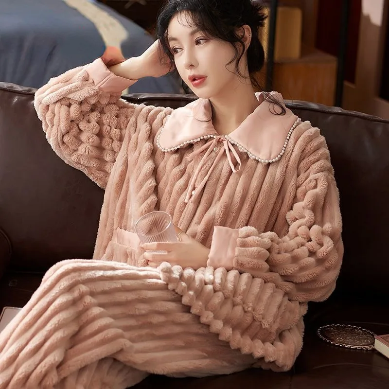 2024 New Autumn Winter Pajama Women's Flannel Hooded Thick Fleece Korean Version Student Coral Fleece Loungewear Warm Pajama
