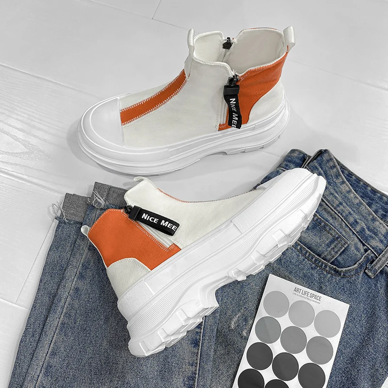 Autumn Men Casual Sneakers men sneakers Canvas Chunky Platform Ankle Boots High-cut Zip Patchwork Sneakers Male Breathable Sport Shoes 39-44