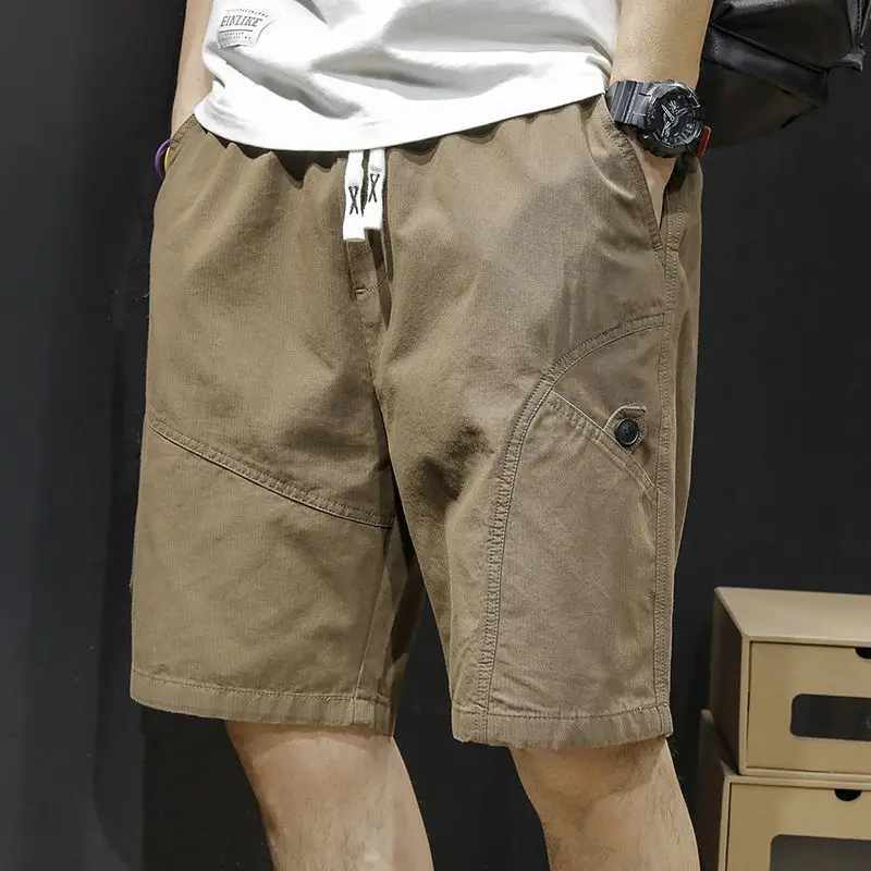 Summer New Solid Color Fashion Elastic Waist Knee Length Pants Man High Street Cotton Pocket Patchwork Button Straight Pants