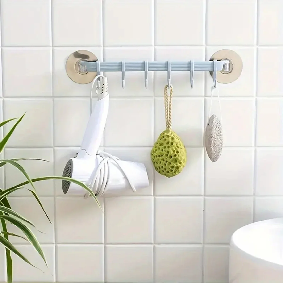 Kitchen Hooks Wall-mounted Kitchen Hooks Suction Cup 6 Hooks Strong Adhesive Seamless Kitchen Adhesive Plastic Dishcloth Rack 1pc