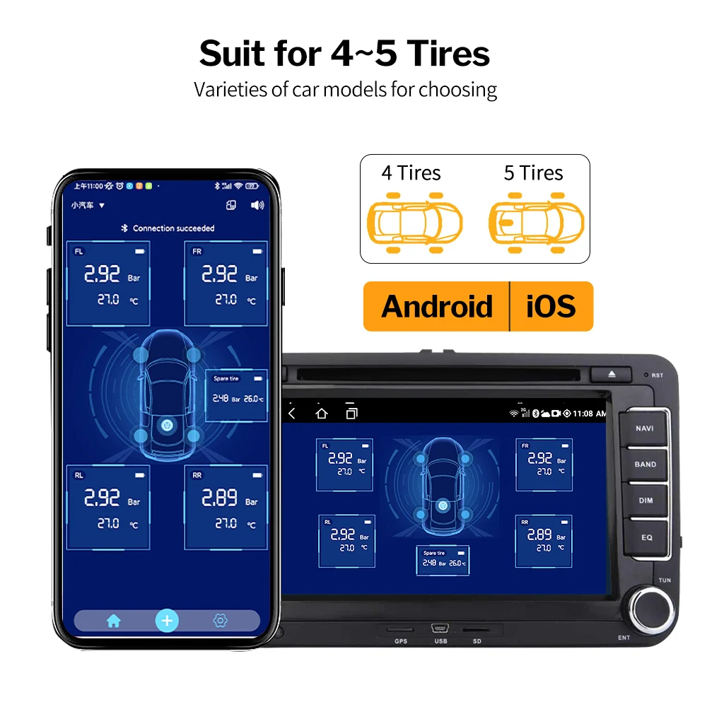 Deelife – système de surveillance de la pression des pneus, TPMS, Android,  capteur interne et externe, pour autoradio, lecteur DVD, USB, TMPS