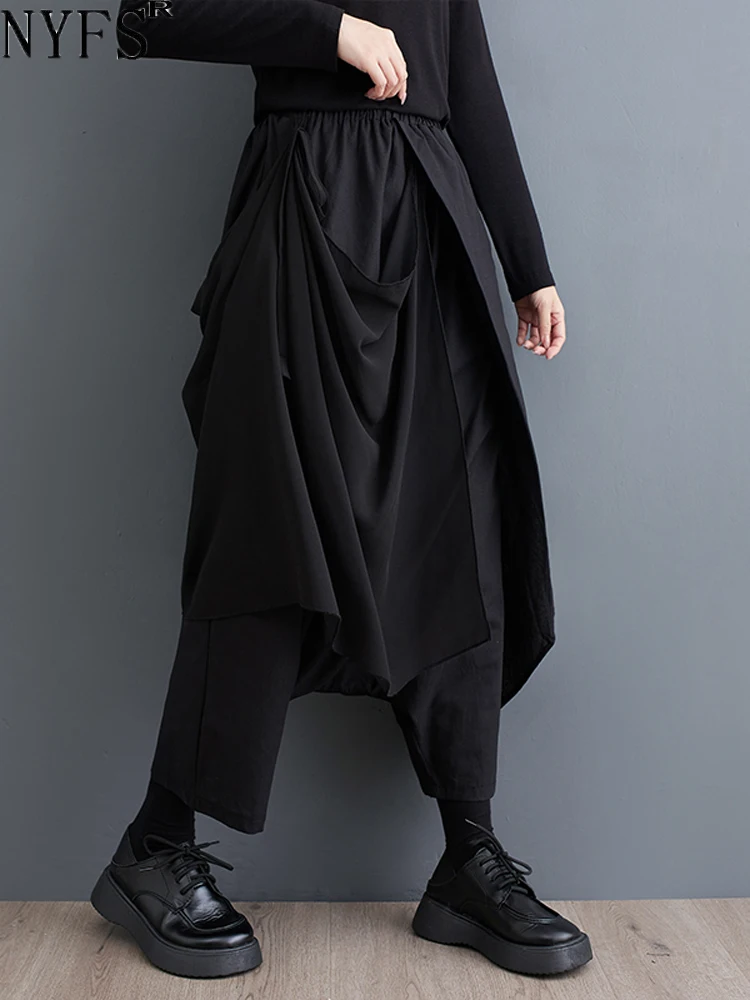

Женские брюки с широкими штанинами NYFS, свободные Асимметричные лоскутные брюки с эластичным поясом, большие размеры, на осень 2023