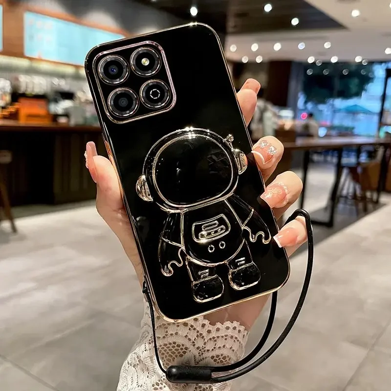 Luxury Electroplating Soft Silicone Astronaut Phone Case with Lanyard and Shockproof Bumper