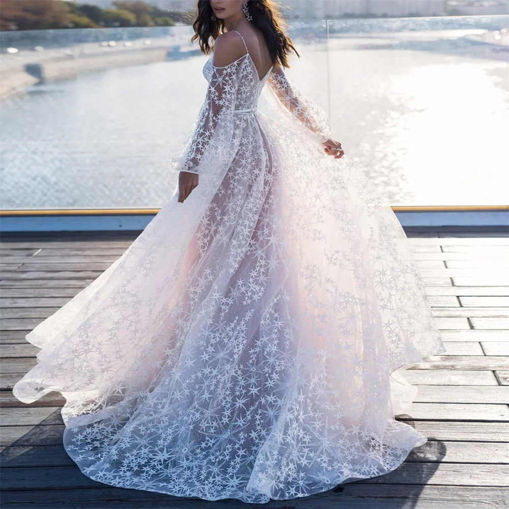 

A-Line Luxury V Neck Long Sleeves Tulle Applique With Beading Court Train Dress Elegant Wedding Dresses For Women 2023 Bride