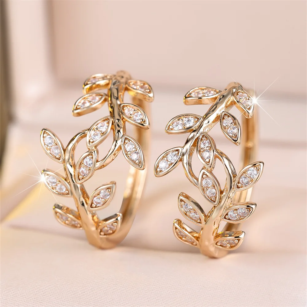Trendy White Zircon Marquise Tree Leaf Hoop Earrings For Women Vintage Gold Color Ear Buckle Wedding Jewelry Engagement Gifts