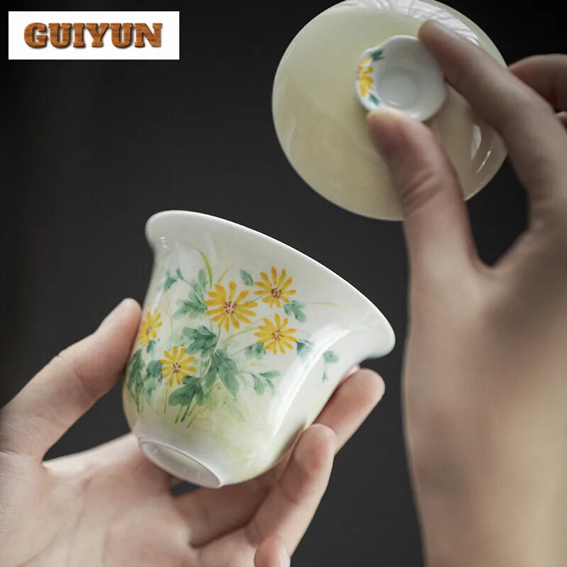120ml Hand-painted Wild Chrysanthemum Porcelain Gaiwan Elegant Tea Bowl Tea Tureen Brewing Cover Bowl Teaset Ornaments Gifts