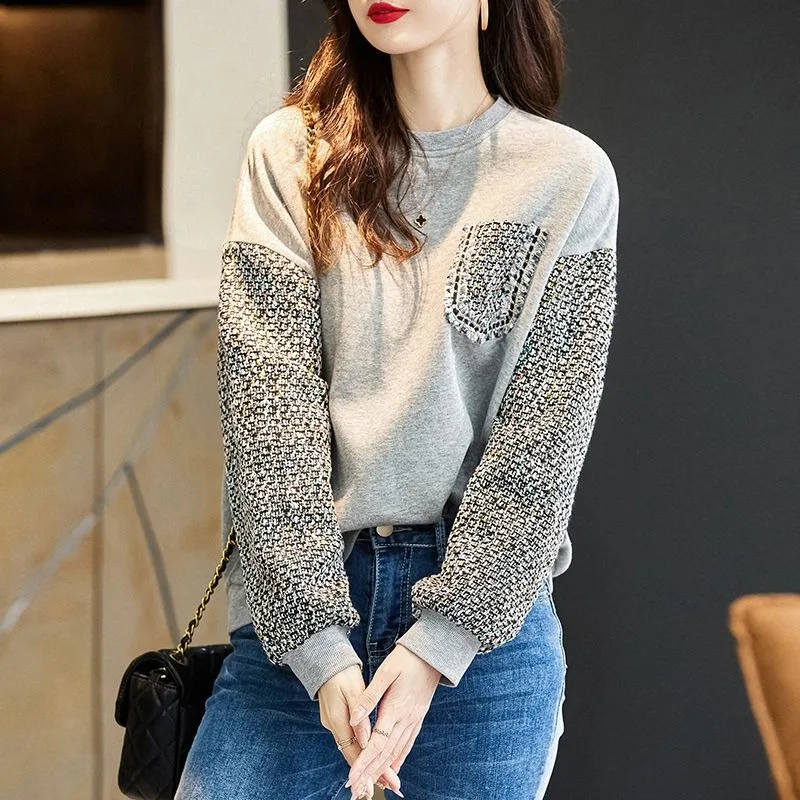 Round Neck Casual Hoodie Women's Spring Autumn 2024 New Fashionable Loose Jacket Patchwork Long Overcoat Sleeved Pullover Tops