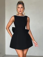 Leosoxs Robe courte sexy dos nu avec nœud en perles pour femme, tenue tendance, fermeture éclair, sans manches, taille haute, coupe trapèze, tenue de soirée élégante 3