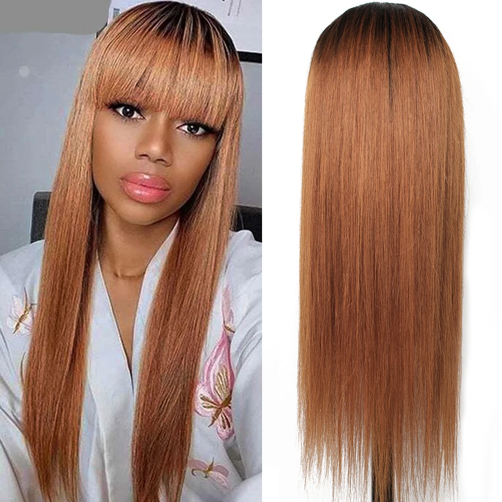 30 Human Hair Wigs with Bang Ombre Ginger Brown Straight Wear go Machine Made Wig with Neat Fringe for Women Full Wig Bobbi 1B