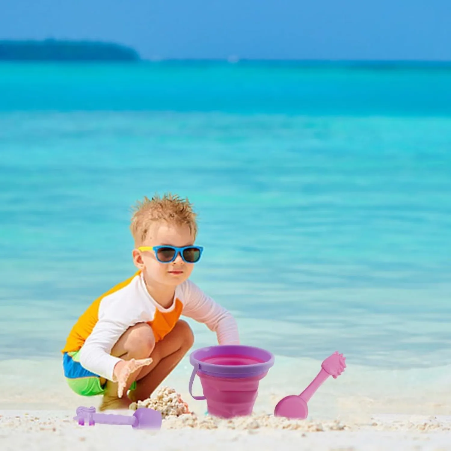 Foldable Bucket Beach Shovel Sandbox Toys Cute Unicorn Dinosaur Toys for Kids Travel Collapsible Bucket Sand Tool Kits for Girls 5