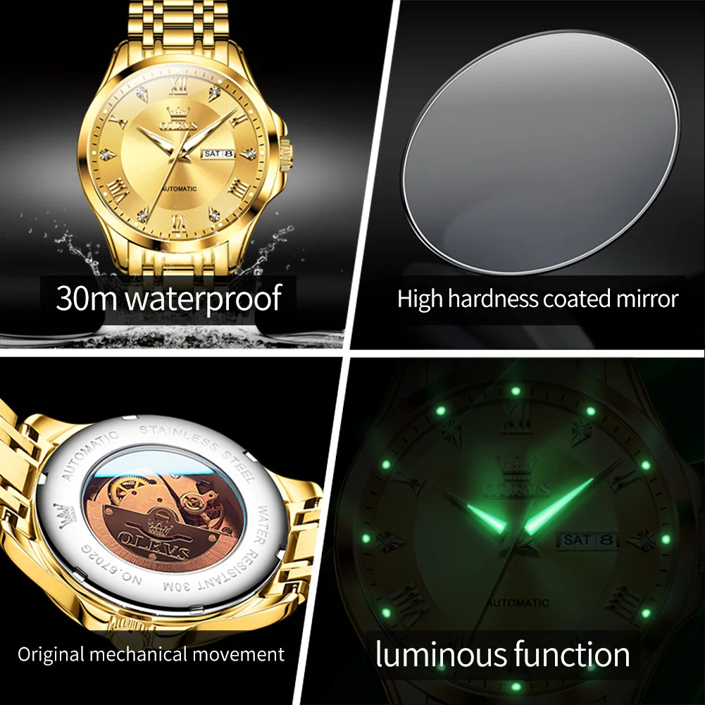 OLEVS 6702 Original Top Brand Gold Watch for Men Waterproof Mechanical Movement Luminous Stainless Steel Mans Wristwatch New