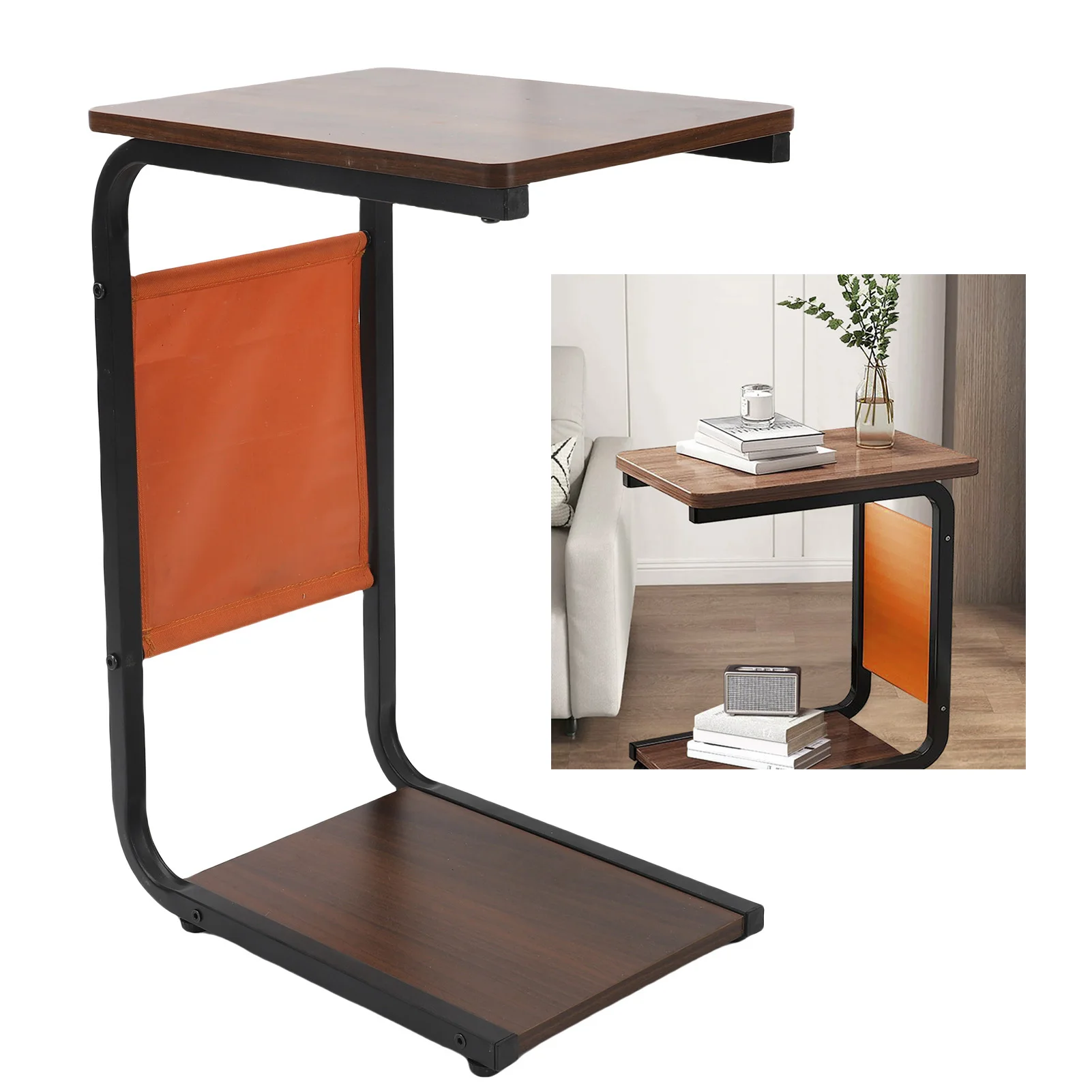 C Shaped End Table Rugged Sofa Arm End Side Table Density Board Top Carbon Steel Frame Lockable Swivel Wheels for Living Room