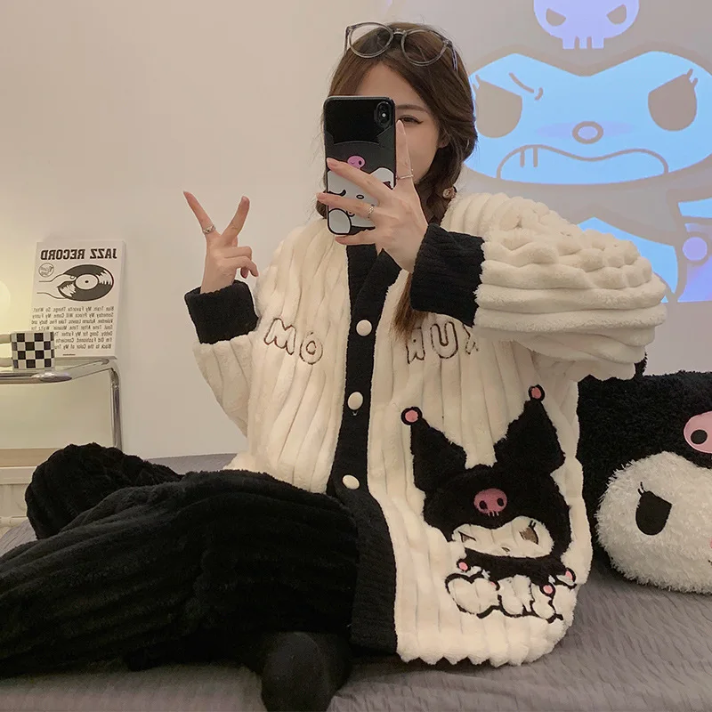 Kawaii Sanrios Cartoon Kuromi Plush Pajamas Anime Homewear Sleepwear Suit Autumn Winter Coral Fleece Girl Cute V-Neck Nightwear