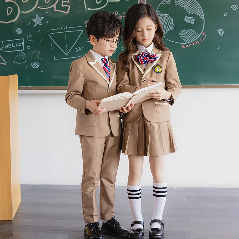Boys School Uniform Girls Jacket Khaki Skirt Shirt Tie Suits Kids - Main Image
