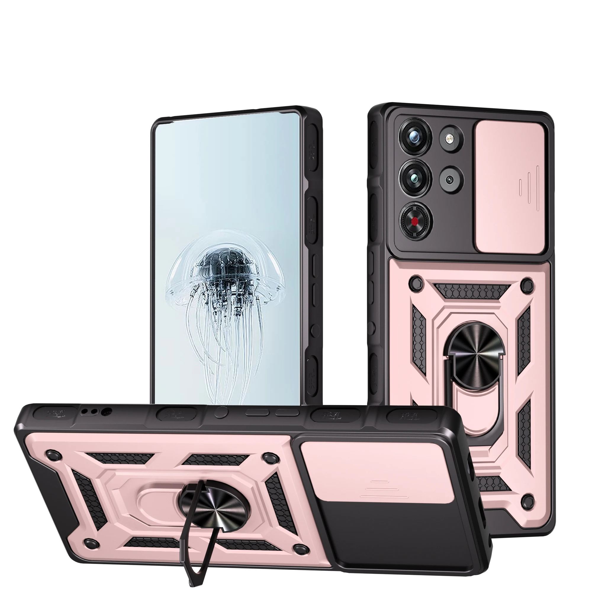 Camera Armor Phone Case with Magnetic Holder Ring and Full Lens Protection - Silicone Bumper Cover