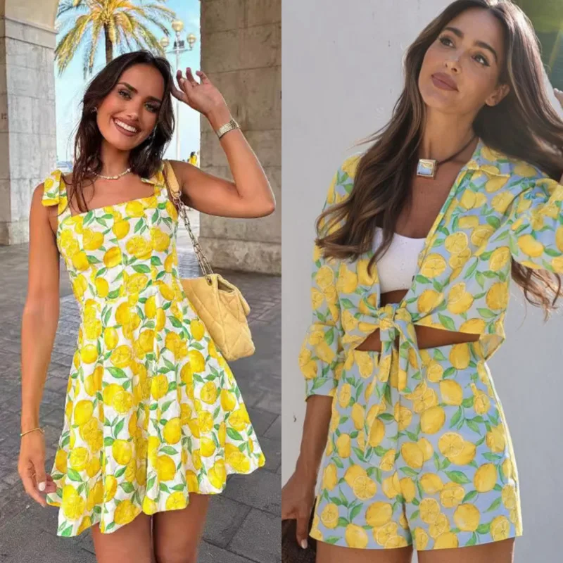 

Повседневный комплект из двух предметов с принтом фруктов, мини-юбка с бантом и лимонным принтом и узкие брюки на молнии, праздничный пляжный топ с глубоким V-образным вырезом