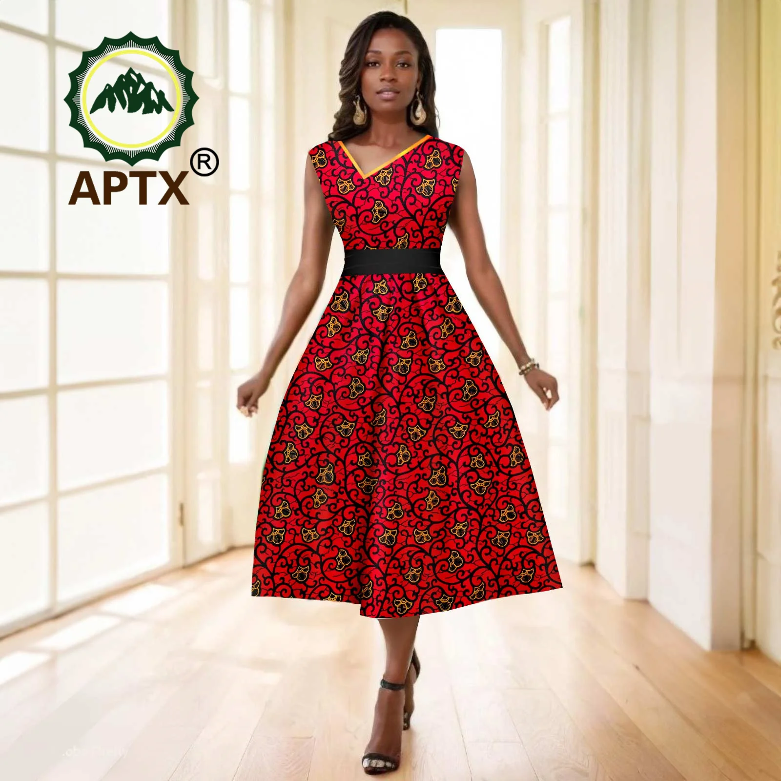 African Dress for Women Ankara Print Patchwork Sleeveless V-Neck